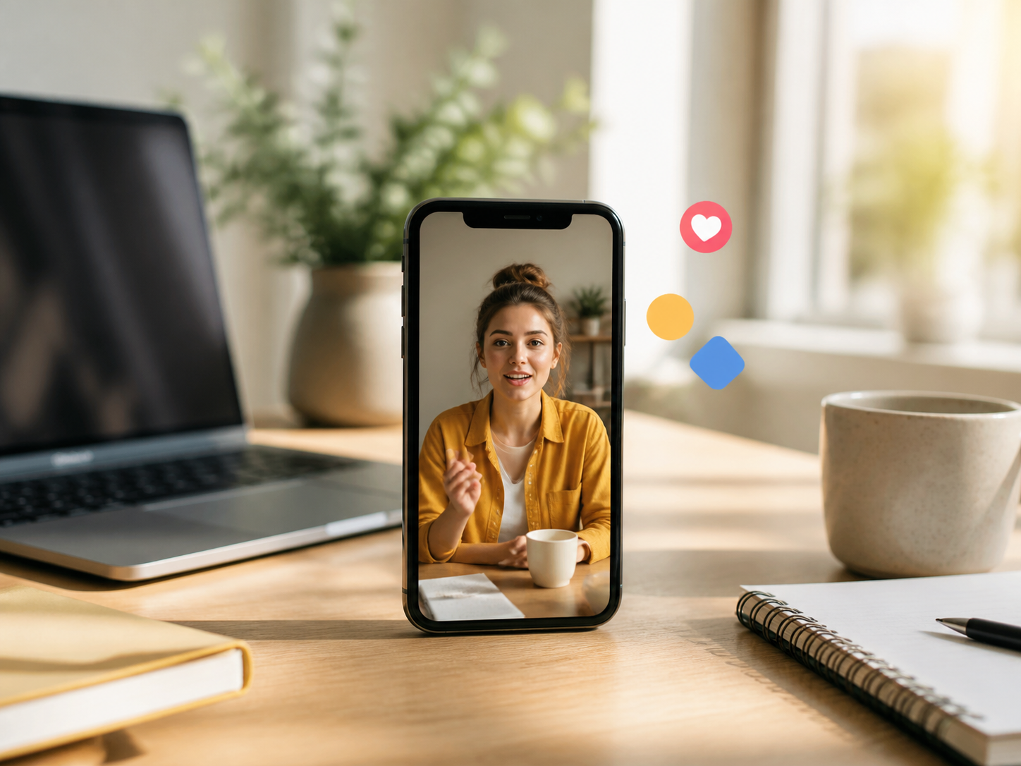 Een telefoon met een video op een thuiswerkplek